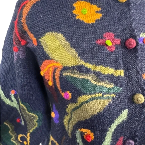 Vintage Peruvian 100% Alpaca Sz L/XL Blue Floral Buttons Scalloped Edge Cardigan